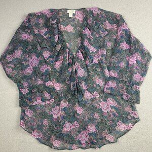 Vtg Victoria’s Secret Gold Label Pink Floral Sheer Ruffle Poet Blouse Sz M/L